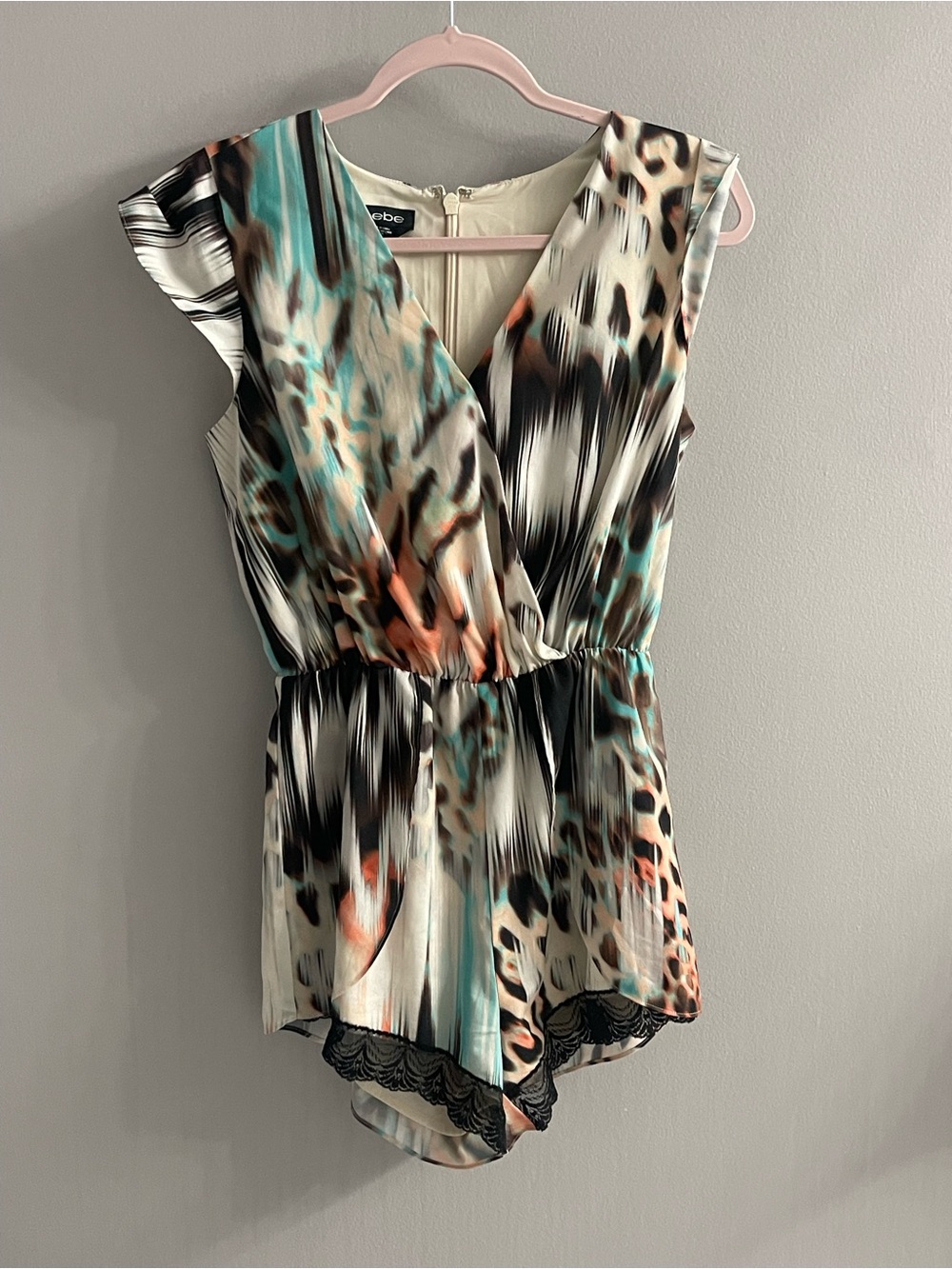 bebe Multicolor Animal Print Surplice Romper with Turquoise & Coral Accents